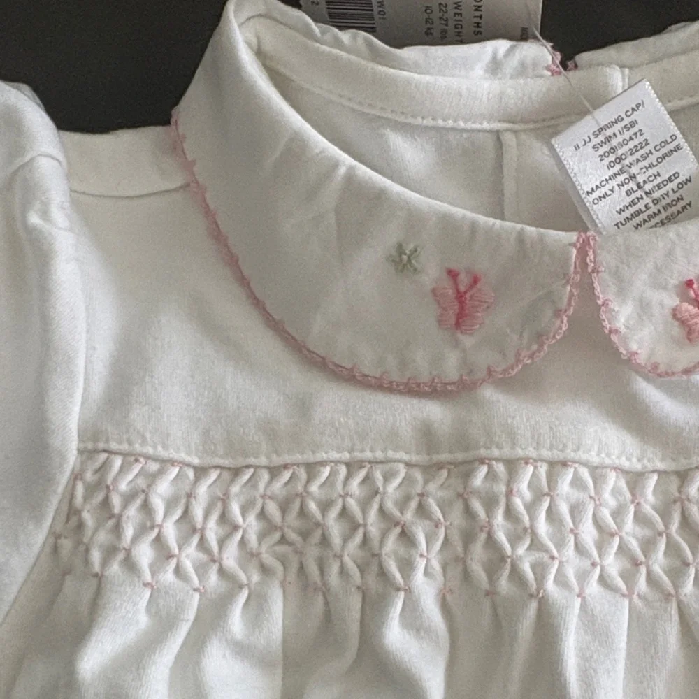 Janie and Jack White Smocked Cotton One-Piece with Pink Trim
